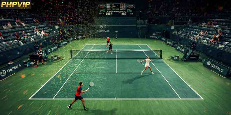 A tennis match in progress with real-time odds fluctuating as points are played.
